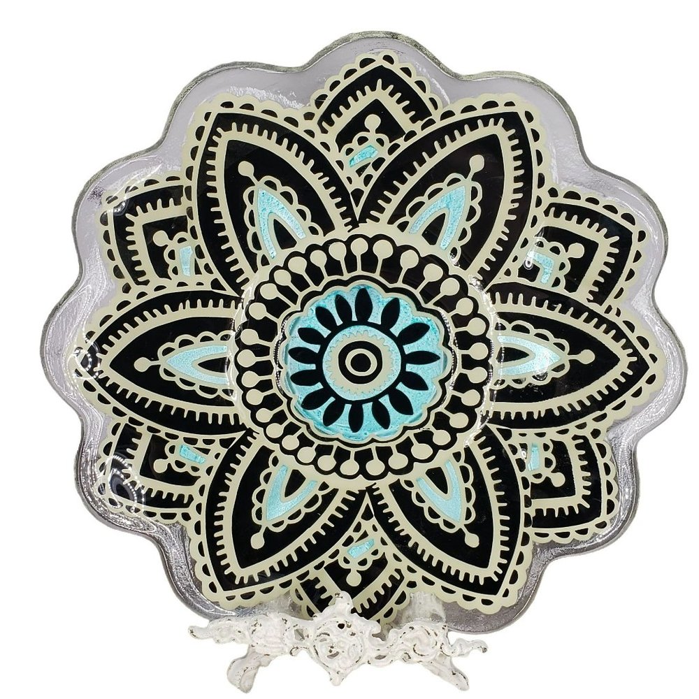 Cypress Home Dark and Stormy Boho Flower Shaped Hand Painted Glass Platter Plate